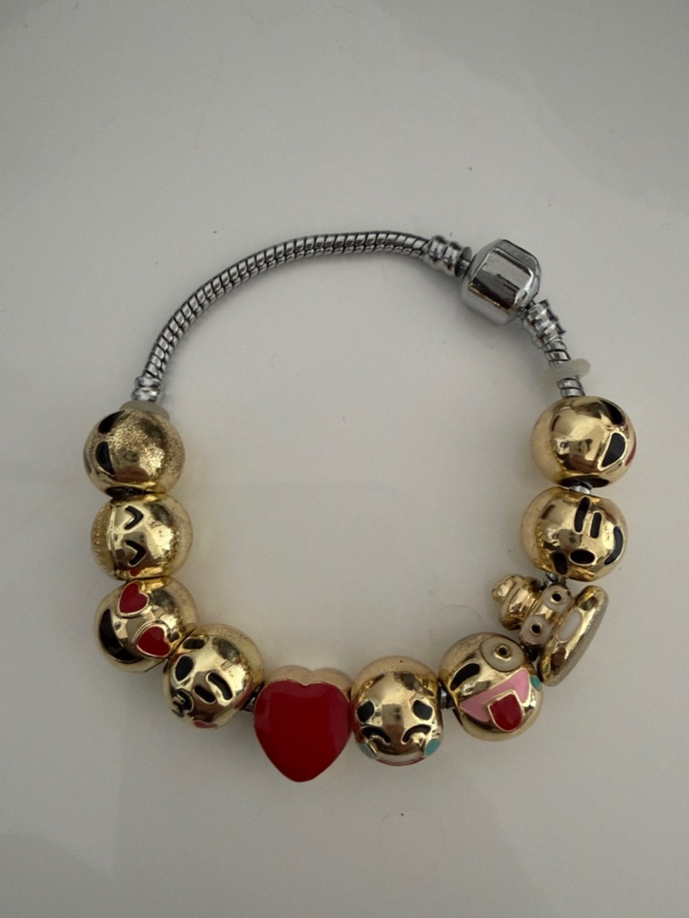 Gold Emoji Bead Charm Bracelet with Red Heart